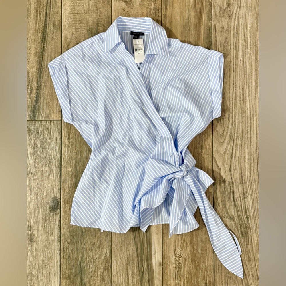 Nwt...Ann Taylor Light Blue & White Striped Wrap Blouse